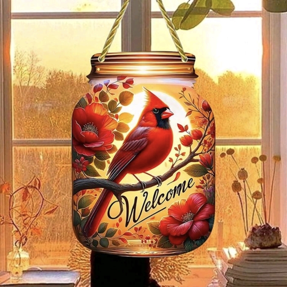 2D Mason Jar "Welcome" Cardinal Suncatchers 6.5" x 5" - Picture 7 of 7